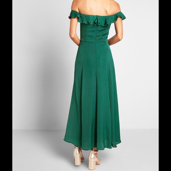 SOLD 🚫 ModCloth Ruffled Off-Shoulder Green Maxi Dress - Picture 2 of 5